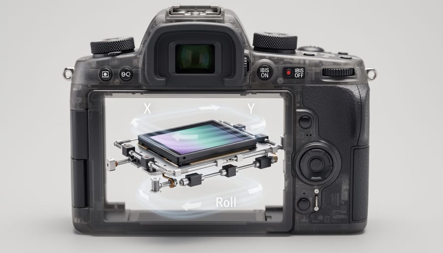 Close-up of camera sensor stabilization mechanism showing floating sensor element