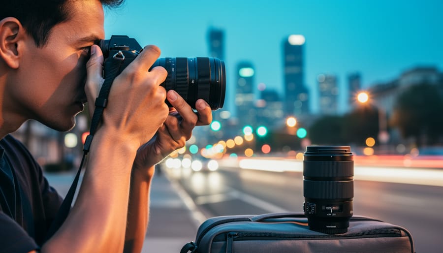 Close-up of hands holding a mirrorless camera at dusk, with a telephoto zoom lens on a shoulder bag and blurred city lights in the background