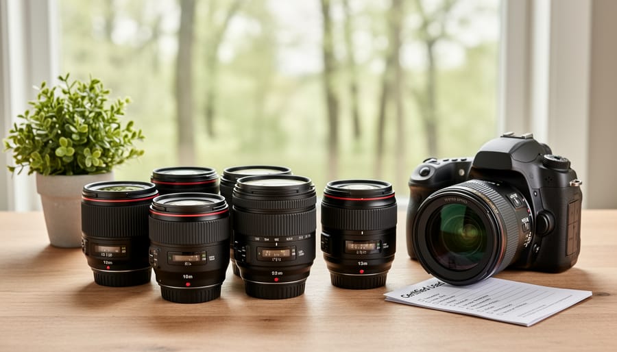 Photographer inspecting pre-owned camera lens for quality and condition