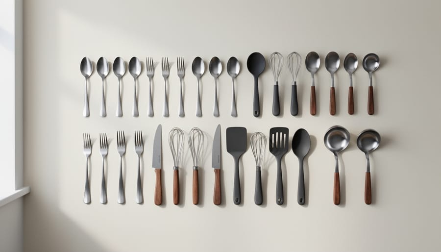 Three white ceramic spoons arranged in parallel diagonal lines from overhead view