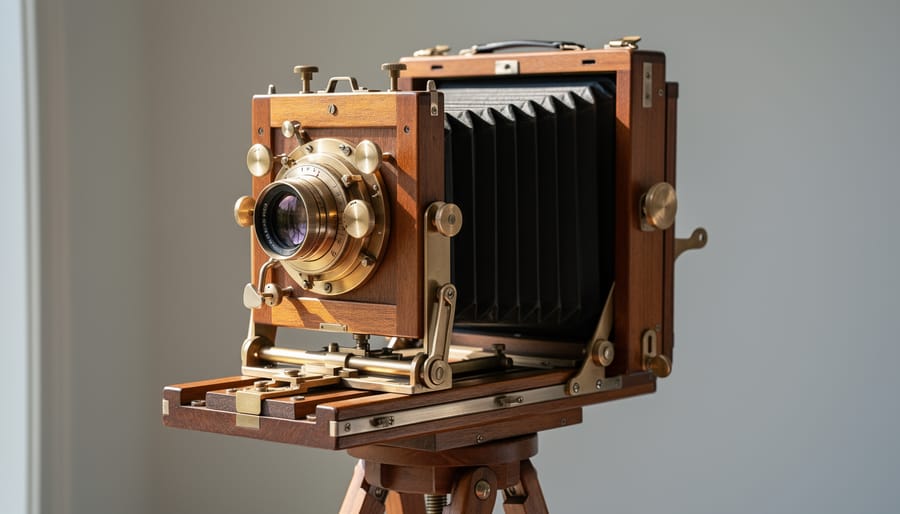 Photographer's hands adjusting controls on wooden large format camera with bellows extended