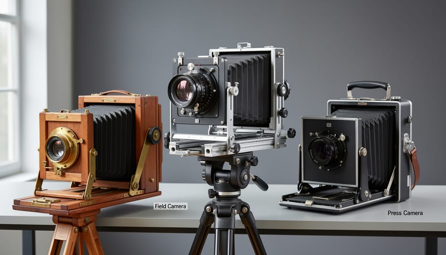Overhead view of three types of large format cameras displayed on wooden surface