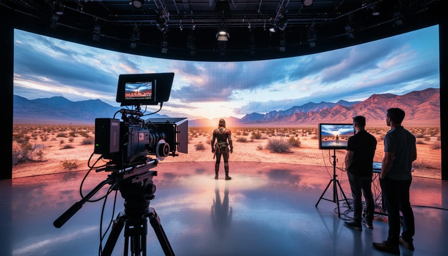 Large curved LED wall displaying virtual landscape in professional film production studio