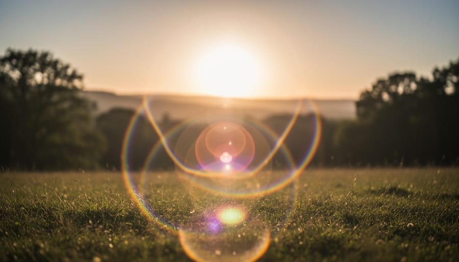 Photograph demonstrating lens flare with colorful orbs and light streaks from sun