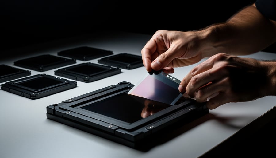 Hands carefully loading sheet film into film holder under red safelight