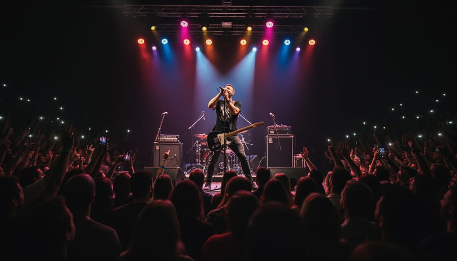 Concert photographer's view of stage performance in low-light venue showing clean image quality