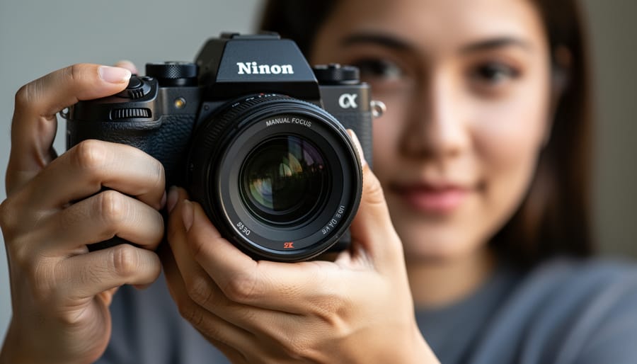 Photographer's hand turning manual focus ring on camera lens