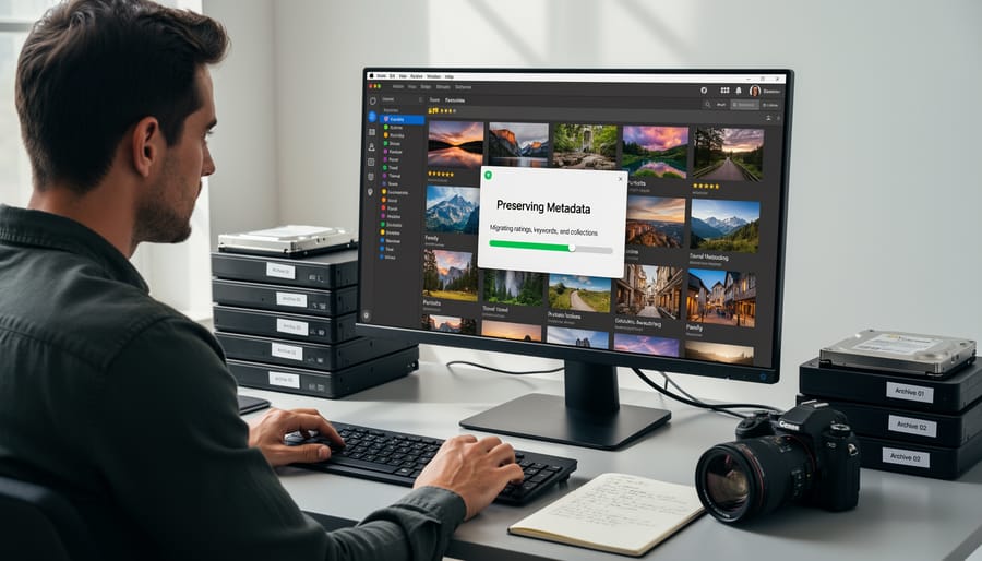 Photographer reviewing printed metadata sheets with camera and laptop on desk
