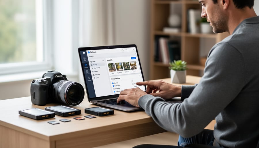 Photographer reviewing images on laptop with privacy screen protection