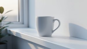 White ceramic coffee cup on a clean white windowsill against a plain white backdrop, softly side-lit by dawn light from the left, with a blurred window frame and faint houseplant shapes in the background.