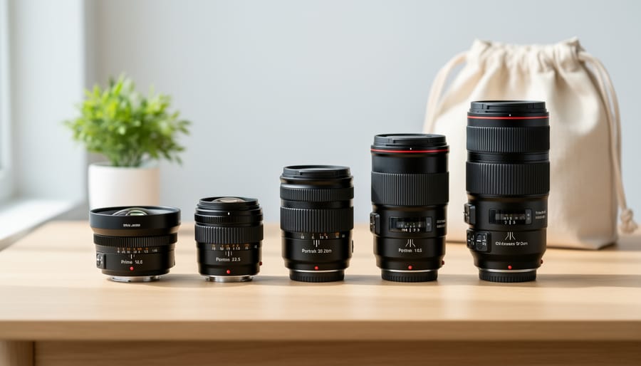 Minimalist collection of three essential camera lenses on wooden desk with plant