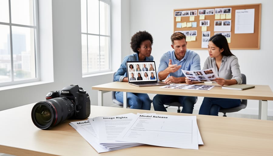 Photographer reviewing model release form with subject in photography studio