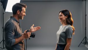 Photographer with camera lowered stands a few feet from a nodding model, both using open, relaxed body language in a softly lit studio with blurred light stands in the background.