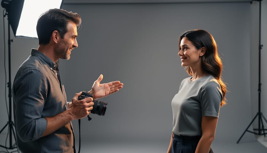 Photographer with camera lowered stands a few feet from a nodding model, both using open, relaxed body language in a softly lit studio with blurred light stands in the background.