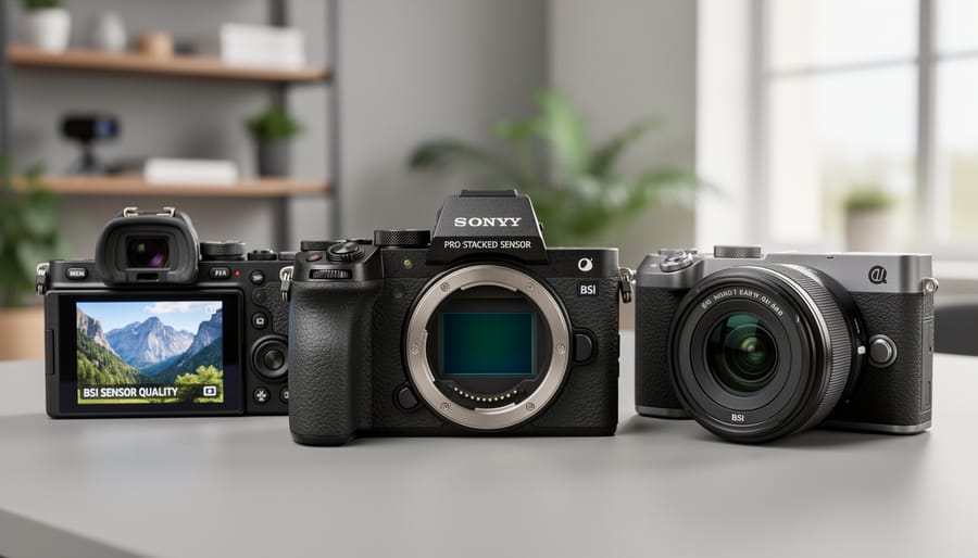 Array of modern mirrorless cameras showing different models and sizes