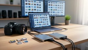 Desk setup with dual monitors showing blurred photo thumbnails, two external hard drives connected to a laptop, DSLR and memory cards on a wooden surface under soft daylight, illustrating photo catalog migration.