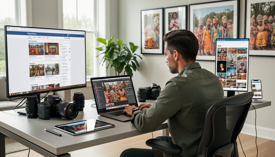 Overhead view of photographer's workspace with multiple devices showing various photography community platforms