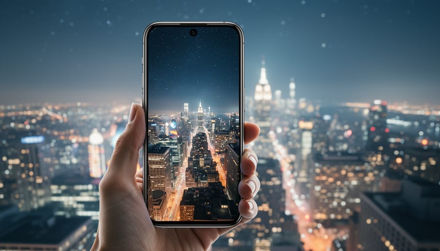 Person using smartphone to photograph city lights at night