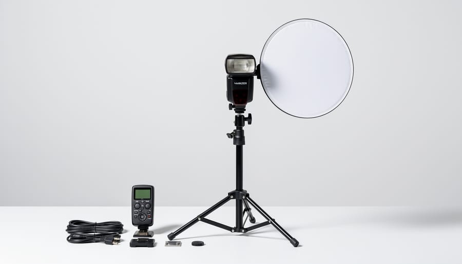 Professional speedlight flash mounted on stand with umbrella modifier and wireless trigger