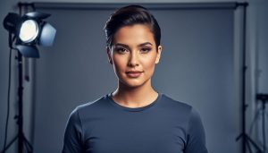 Waist-up studio portrait with a single off-camera speedlight in a softbox 45 degrees to camera-left and slightly above eye level, creating soft side lighting and sculpted shadows against a blurred cool gray backdrop.