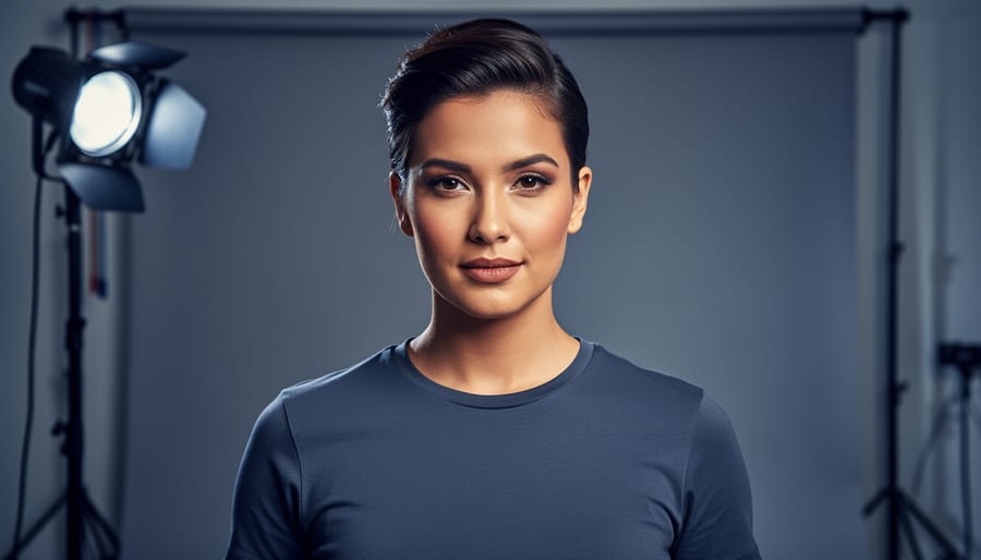 Waist-up studio portrait with a single off-camera speedlight in a softbox 45 degrees to camera-left and slightly above eye level, creating soft side lighting and sculpted shadows against a blurred cool gray backdrop.