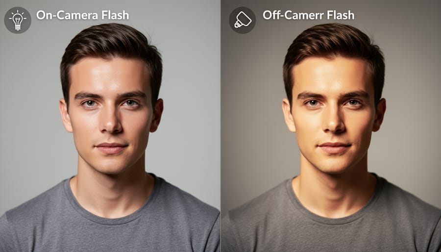Side-by-side comparison of portrait lighting showing flat on-camera flash versus dimensional off-camera flash