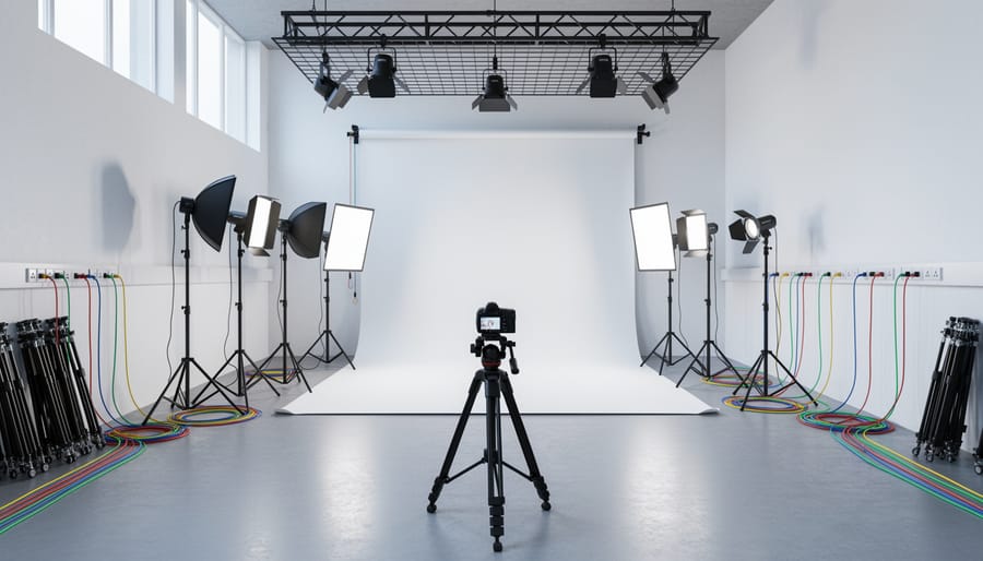 Small photography studio with multiple strobe lights and equipment arranged on different circuits