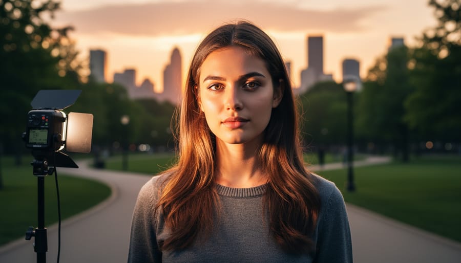 Photographer using off-camera flash setup for outdoor portrait session during golden hour