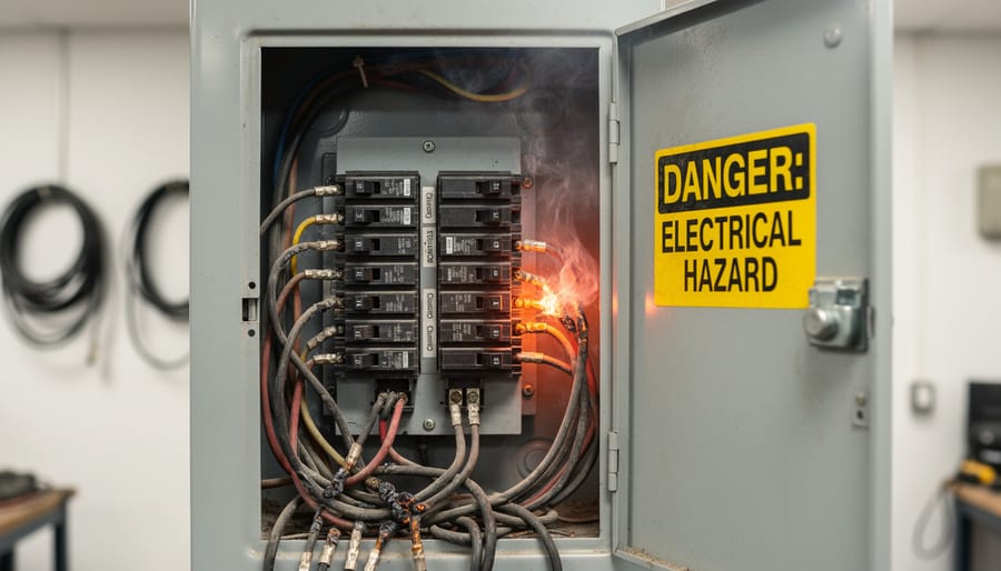 Close-up of electrical outlet showing heat damage and discoloration from overloading