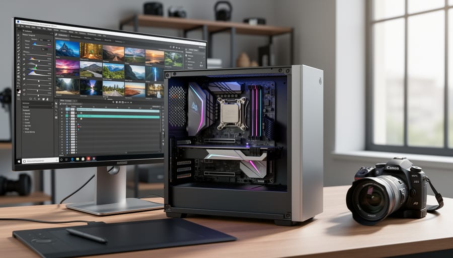 Photographer editing RAW photos on professional workstation with color-calibrated monitor