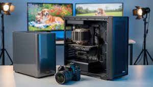 Open workstation tower showing ECC RAM modules, multiple NVMe drives, and a large CPU cooler beside a sleek consumer desktop and DSLR on a studio desk, with soft lighting and blurred monitors and light stands in the background.
