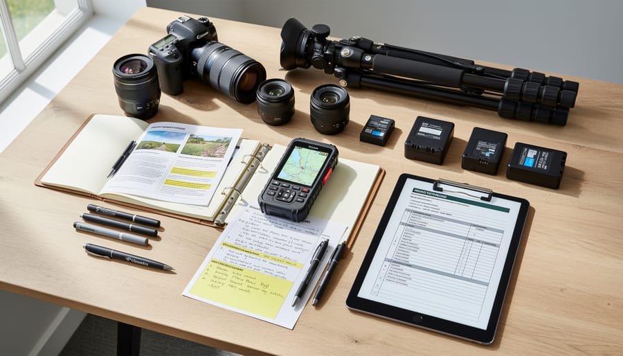 Photo monitoring field equipment including camera, GPS, compass, and field notes