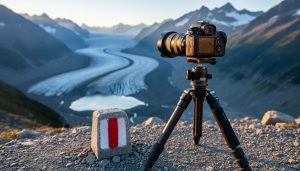 Tripod-mounted DSLR aligned to a rock marker and aimed at a glacier valley during golden hour, camera in sharp focus with the distant glacier and moraines softly blurred.