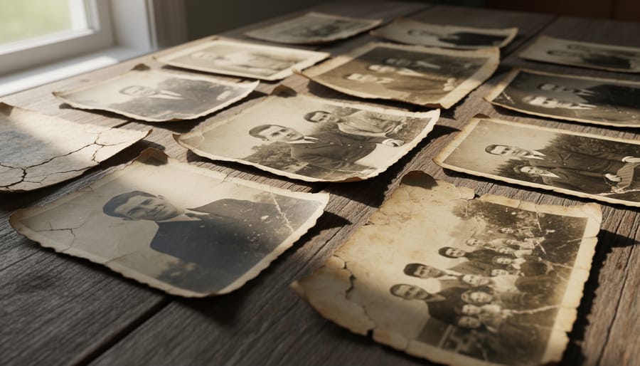 Damaged vintage photograph showing deterioration, fading, and physical wear