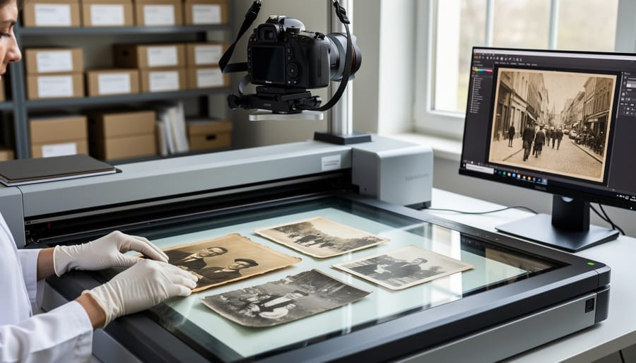 Archivist wearing white gloves carefully scanning vintage photograph on professional equipment