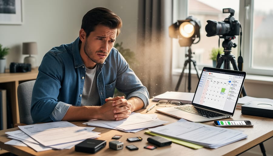 Photographer overwhelmed by paperwork and administrative tasks at desk with camera equipment in background