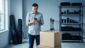 Photographer in a home studio looking at a smartphone beside a sealed plain cardboard box and tripod bag, with softly blurred shelves of lenses and light stands in the background under gentle window light.
