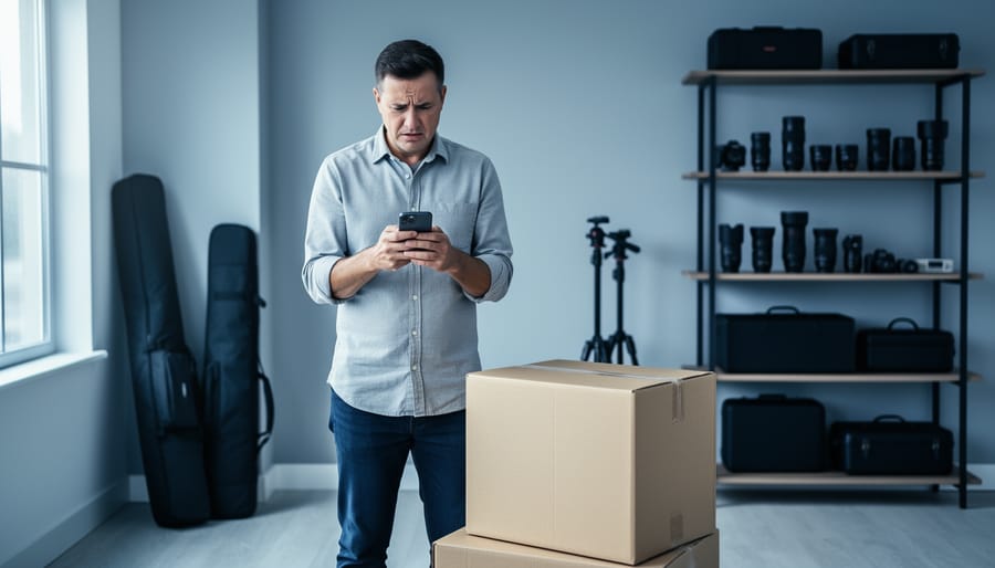 Photographer in a home studio looking at a smartphone beside a sealed plain cardboard box and tripod bag, with softly blurred shelves of lenses and light stands in the background under gentle window light.