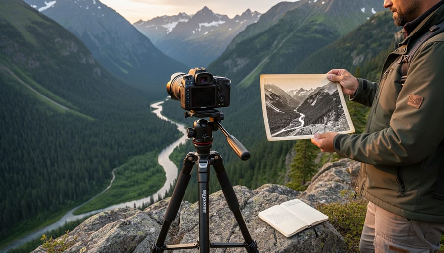 Photographer comparing historical photograph with current glacier landscape view