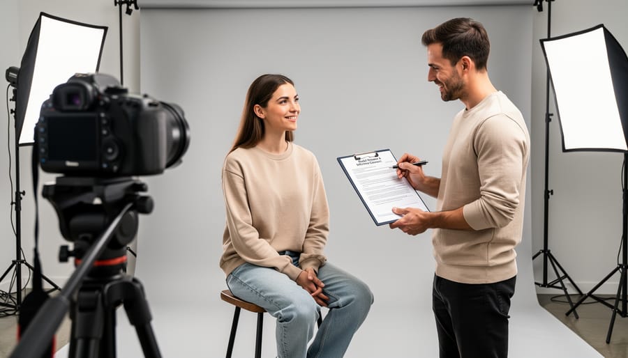 Photographer and model discussing consent documents together in studio