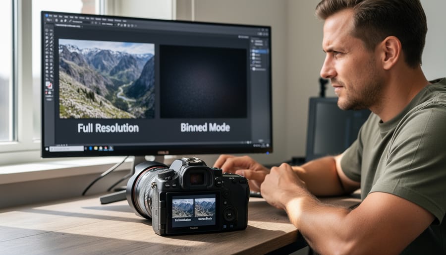 Photographer reviewing camera settings and images on LCD screen outdoors