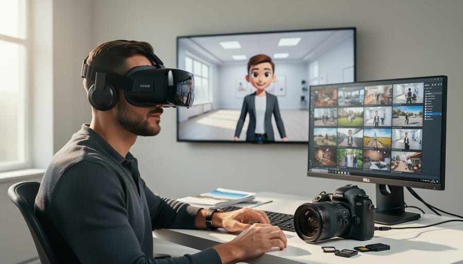 Photographer using VR headset for content review in professional studio workspace