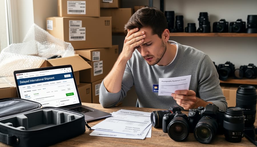 Photographer checking phone while waiting for delayed camera equipment shipment