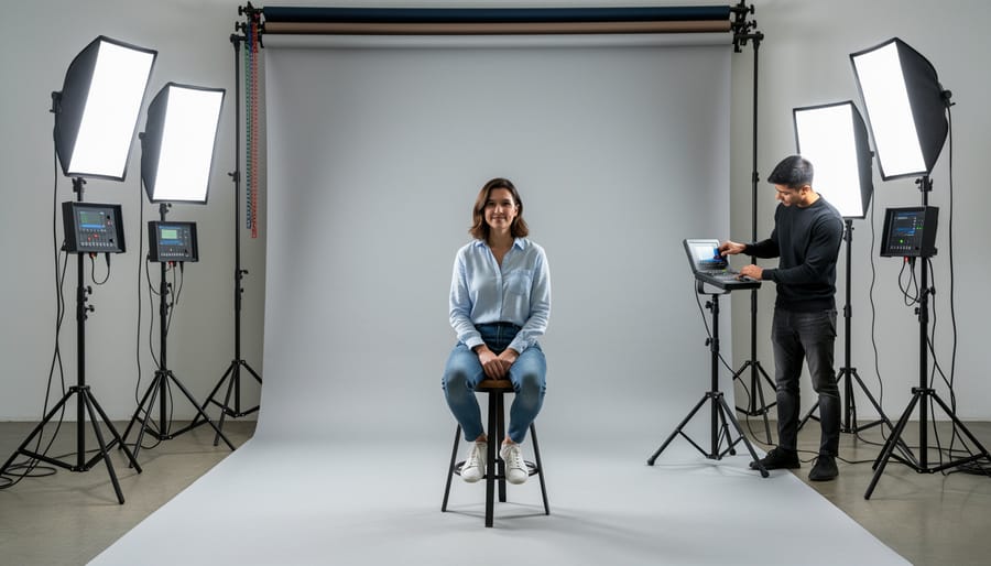 Photographer shooting in studio with controlled lighting setup illuminating subject