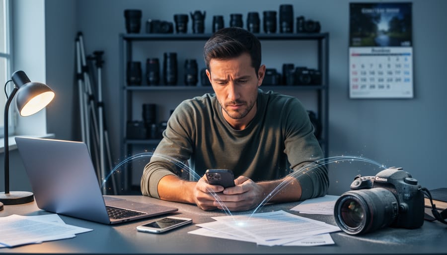 A weary photographer at a messy studio desk with laptop, phone, and papers while a dusty camera sits aside; soft side daylight, shallow depth of field, blurred shelves and wall calendar in the background; faint glowing lines link devices to symbolize automation, with no readable text visible.