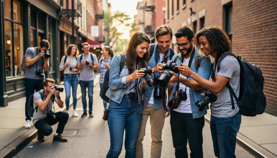 Two photographers from different backgrounds collaborating during urban photo walk