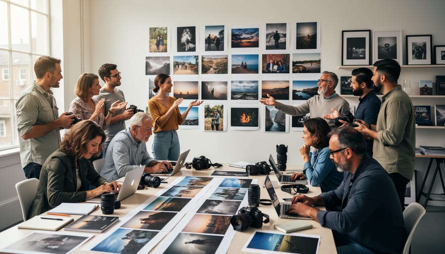 Diverse group of photographers sharing and discussing printed photographs during outdoor meetup