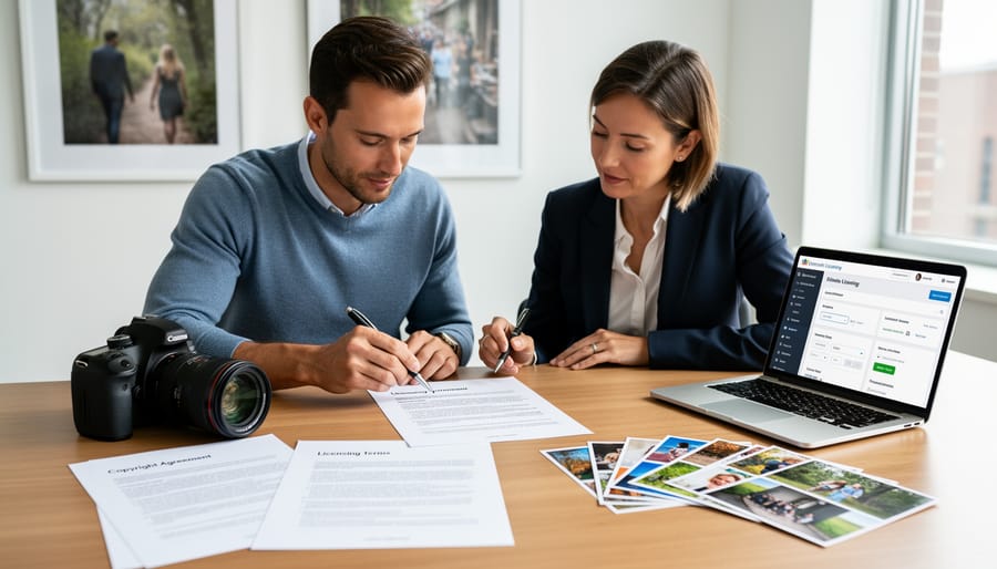 Copyright documents and camera equipment representing photography content ownership