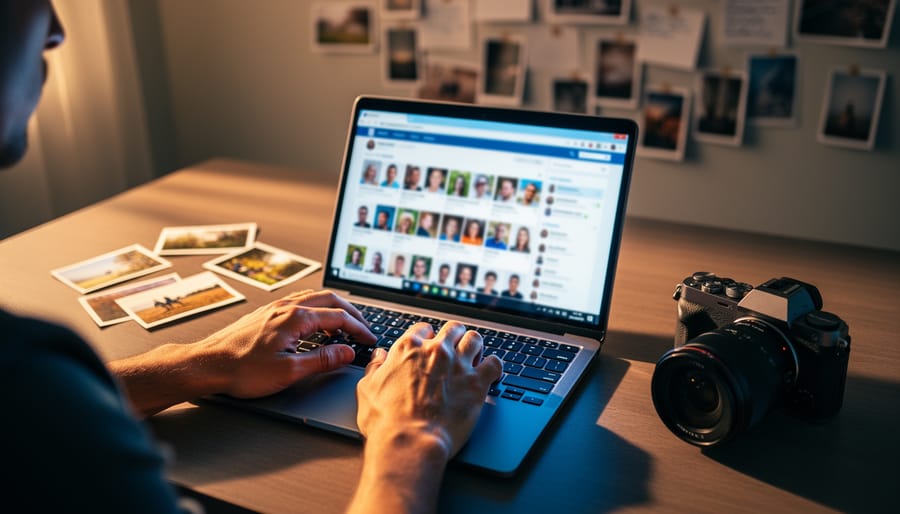 Hands typing on a laptop beside a mirrorless camera and photo prints at a warmly lit desk, with a softly blurred grid of images and faces on the screen and a wall of pinned photos in the background.
