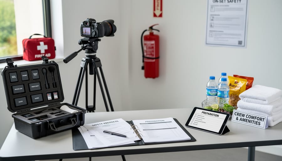 Overhead view of photography safety checklist and model comfort items on desk